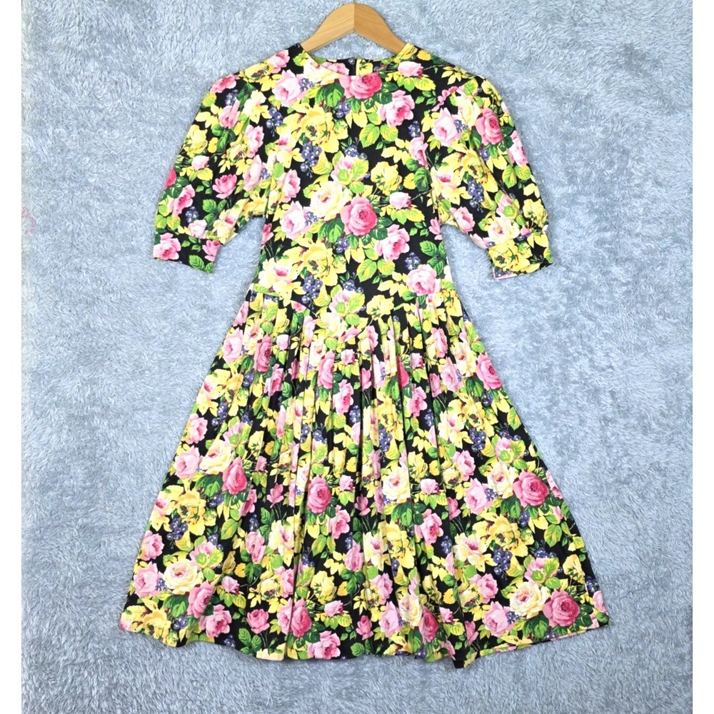 Vintage 90s EXPO Floral Midi Dress Basque Waist Puff Sleeve Cabbage Rose‎ Size S